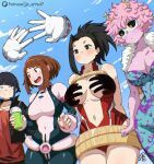  5girls artist_name ashido_mina black_choker black_eyes black_hair black_jacket black_sclera blue_bodysuit blue_sky blush bodysuit boku_no_hero_academia breasts brown_eyes brown_hair choker cleavage closed_mouth colored_sclera colored_skin commentary cup day english_commentary eye_mask gloves hagakure_toru holding holding_cup horns invisible jacket jiro_kyoka jk_arts large_breasts leotard long_hair mask multicolored_bodysuit multiple_girls navel outdoors pink_bodysuit pink_hair pink_skin purple_bodysuit red_leotard red_shirt shadow shirt short_hair sky smile superhero_costume uraraka_ochaco white_gloves yaoyorozu_momo yellow_eyes yellow_horns 
