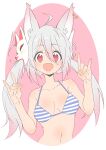  1girl :d absurdres bad_id bad_twitter_id bell bell_earrings bikini blue_bikini breasts copyright_request donguri_suzume double_fox_shadow_puppet earrings fox_mask fox_shadow_puppet gradient_hair grey_hair hair_between_eyes highres jewelry looking_at_viewer mask mask_on_head medium_breasts multicolored_hair open_mouth pink_hair red_eyes smile solo striped striped_bikini swimsuit twintails upper_body 