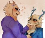  2026 2_horns 5_fingers absurd_res anthro anthro_on_anthro antlers aroused_face bedroom_eyes black_bra black_clothing black_makeup black_underwear blonde_hair blue_antlers blue_clothing blue_eyes blue_inner_ear blue_lips blue_nose blue_topwear blush bodily_fluids boss_monster_(undertale) bovid bra bra_grab bra_pull breasts caprine carol_holiday chin_grab claws cleavage clothed clothed_anthro clothed_female clothing clothing_pull countershade_face countershade_torso countershading deer deltarune digit_ring digital_drawing_(artwork) digital_media_(artwork) duo ears_back embarrassed english_description eye_contact eyewear female female/female female_anthro finger_claws finger_ring fingers flesh_fang floppy_ears freckled_face freckles fur furrowed_eyebrows glasses goat hair half-length_portrait head_horn heart_reaction hi_res horn jewelry lace_bra lips looking_at_another lop_ears mammal manglestar mature_anthro mature_female medium_breasts narrowed_eyes necklace nervous nervous_sweat new_world_deer open_mouth open_smile pivoted_ears portrait purple_clothing purple_shirt purple_sweater purple_topwear red_eyes reindeer seductive shirt short_hair side_view signature simple_background skinny_anthro skinny_female slightly_chubby slightly_chubby_anthro slightly_chubby_female smile snowflake_pattern sweat sweater tan_body tan_countershading tan_fur textured_background topwear toriel toriel_(deltarune) tremble_spikes undertale_(series) underwear underwear_pull watermark wearing_glasses white_body white_fur 
