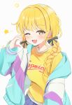  1girl ;d absurdres black_ribbon blonde_hair blue_skirt blush braid catch_(catch9030) fangs fujita_kotone gakuen_idolmaster hair_ribbon half-heart_hands highres idolmaster jacket long_hair looking_at_viewer multicolored_jacket one_eye_closed open_clothes open_jacket pleated_skirt ribbon shirt simple_background skin_fangs skirt smile solo star_(symbol) twin_braids white_background yellow_eyes yellow_shirt 