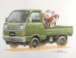  car colored_pencil_(medium) commentary_request daihatsu_hijet dated green_car highres kei_truck motor_vehicle motorcycle no_humans original pickup_truck shadow shin_iroenpitsu signature simple_background traditional_media truck vehicle_focus white_background yamaha yamaha_ysr_50 