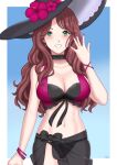  1girl bangs bare_arms bare_shoulders bikini black_bikini black_choker black_headwear blue_background blush border breasts brown_hair choker cleavage commentary cowboy_shot dorothea_arnault fire_emblem fire_emblem:_three_houses fire_emblem_heroes flower green_eyes grin hand_up hat hat_flower hibiscus long_hair looking_at_viewer medium_breasts miven nail_polish navel outside_border purple_flower purple_nails sarong see-through smile solo standing stomach swimsuit white_border 