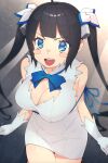  1girl bare_legs black_hair blue_eyes blue_ribbon blush_stickers breasts cleavage commentary_request cowboy_shot dress dungeon_ni_deai_wo_motomeru_no_wa_machigatteiru_darou_ka gloves hestia_(danmachi) highres large_breasts long_hair open_mouth rei_no_himo ribbon short_dress smile solo twintails ubo_(ubo_tales) upper_teeth white_dress white_gloves 