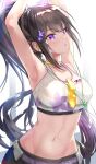  1girl :o armpits arms_up blue_archive breasts brown_hair choker hair_ornament highres long_hair medium_breasts midriff navel ponytail purple_eyes solo sports_bra sportswear sumire_(blue_archive) sweat uenoryoma white_background yellow_choker 