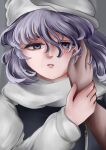  1girl 1other absurdres grey_background hand_on_another's_cheek hand_on_another's_face highres letty_whiterock looking_at_viewer medium_hair portrait purple_eyes purple_hair scarf solo_focus straight-on touhou tsunemirin008 