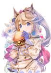  1girl absurdres animal_ears ascot asymmetrical_gloves blue_eyes blue_gloves blush brown_hair burger buttons cape closed_mouth commentary_request double-breasted epaulettes flower food gloves hair_between_eyes highres holding holding_burger holding_food horse_ears horse_girl horse_tail jacket long_hair long_sleeves mismatched_gloves multicolored_hair multicolored_jacket pink_ascot ponytail red_cape single_epaulette single_hair_streak skirt smile solo streaked_hair tail tokai_teio_(peak_joy)_(umamusume) tokai_teio_(umamusume) two-tone_hair two-tone_jacket two-tone_skirt umamusume usapenpen2019 white_gloves white_hair white_jacket white_skirt white_streaks 
