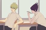  2boys :d alternate_costume amami_rantarou antenna_hair bangs black_pants book chair classroom collared_shirt commentary_request danganronpa_(series) danganronpa_v3:_killing_harmony dangyu_(danganpa) desk facial_hair from_side goatee green_hair grey_shirt hair_up hand_up holding_hand indoors looking_at_another looking_at_viewer male_focus messy_hair momota_kaito multiple_boys open_book open_mouth pale_skin pants purple_hair school_chair school_desk shirt sitting smile spiked_hair sweatdrop upper_teeth window 