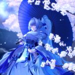  1girl blue_eyes blue_hakama blue_nails blue_ribbon blue_theme breasts cherry_blossoms closed_mouth colored_eyelashes commentary_request hair_ribbon hakama hakama_skirt high_ponytail highres hiyuki_(wuthering_waves) holding holding_umbrella japanese_clothes kimono large_breasts looking_at_viewer misaki_(seil518) nail_polish oil-paper_umbrella outdoors ponytail red_umbrella ribbon skirt solo umbrella white_eyelashes white_hair white_kimono wuthering_waves 