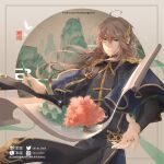  1boy ahoge black_bridal_gauntlets black_robe blue_capelet border bridal_gauntlets brown_background brown_border brown_hair calpi15 capelet cherry_blossoms chinese_clothes chinese_commentary closed_mouth cowboy_shot crossed_bangs floating floating_object flower green_shawl hair_between_eyes hair_ornament holding holding_paintbrush instagram_username lofter_username long_hair long_sleeves looking_at_viewer male_focus materializing monocle mountain outside_border paintbrush pink_flower robe round_border sample_watermark scroll seal_impression see-through_clothes see-through_shawl shawl shoulder_guard solo standing tangzhuang tassel tassel_necklace the_tale_of_food tree twitter_username watermark weibo_username wing_hair_ornament yellow_eyes yipin_pot_(the_tale_of_food) 