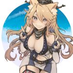  1girl \m/ animal_ear_fluff animal_ears belt blonde_hair blue_eyes breasts commentary_request cowboy_shot fingerless_gloves fox_ears front-tie_top garter_straps gloves grin headgear iowa_(kancolle) kantai_collection large_breasts leaning_forward long_hair looking_at_viewer miniskirt navel ruohire9 skirt smile solo star-shaped_pupils star_(symbol) striped striped_legwear symbol-shaped_pupils thighhighs vertical-striped_legwear vertical-striped_skirt vertical_stripes 