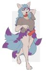  abstract_background anthro baggy_clothing balls bottomless bottomwear breasts canid canine clothed clothing collar erection fox genitals gynomorph hi_res intersex knot mammal multi_tail paws piercing raised_clothing servalex skirt solo tongue tongue_piercing wide_hips 
