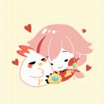  1girl chibi closed_eyes closed_mouth commentary_request elbow_gloves fu_hua fu_hua_(phoenix) gloves heart highres honkai_(series) honkai_impact_3rd hug jingwei_(bird) long_hair mon_momu pink_hair red_gloves smile solo 