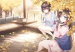  2girls a20_(atsumaru) barefoot bench black_hair blue_eyes blue_kimono blurry blurry_background blush brown_hair closed_mouth floral_print ginkgo ginkgo_leaf hair_ornament hairclip holding holding_leaf japanese_clothes kimono leaf long_hair long_sleeves looking_at_viewer multiple_girls obi onsen original pink_kimono red_eyes sash short_hair sitting smile tree water 