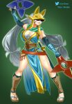  1girl absurdres alternate_costume aqua_gloves arm_up arm_wrap armpits bare_shoulders blue_dress breasts chest_sarashi cleavage closed_mouth commentary cosplay covered_eyes digimon digimon_(creature) dress elbow_gloves english_commentary facial_mark fingerless_gloves fire_emblem fire_emblem_heroes floating_hair fox_mask full_body gloves green_background green_scarf grey_hair highres holding holding_shuriken holding_weapon japanese_clothes large_breasts leg_warmers light_smile long_hair low-tied_long_hair low_twintails lyn_(fire_emblem) lyn_(fire_emblem)_(cosplay) lyn_(ninja)_(fire_emblem) mask ninja pelvic_curtain pixiv_username richard_park sakuyamon sandals sarashi sash scarf shaded_face sheath sheathed shin_guards shuriken simple_background sleeveless sleeveless_dress solo standing sword thighs twintails twitter_username very_long_hair weapon yellow_mask 