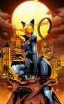  1girl absolute_batman absolute_dc absurdres animal_ear_helmet animal_helmet batman_(series) belt bodysuit building cat_helmet catwoman catwoman_(absolute_dc) city cloud dark-skinned_female dark_skin dc_comics full_moon gargoyle godtail helmet highres moon night reflective_mask skyscraper solo statue utility_belt 