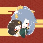  2girls black_hair book_of_fuxi brown_hair cheek-to-cheek chibi china_dress chinese_clothes closed_eyes closed_mouth commentary_request dress fu_hua fu_hua_(fenghuang_of_vicissitude) hair_ornament hair_over_one_eye heads_together highres honkai_(series) honkai_impact_3rd long_hair long_sleeves looking_at_viewer mon_momu multiple_girls ponytail very_long_hair white_dress 