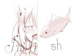  1girl animal_ear_fluff animal_ears ayunda_risu closed_eyes collarbone crying english_commentary fish fur_choker highres hololive hololive_indonesia meme monochrome open_mouth senkae_/reikyuu split_screen squirrel_ears virtual_youtuber white_background 