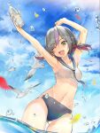  1girl air_bubble armpits bangs bird blurry_foreground bottle breasts bubble cloud collarbone cowboy_shot crop_top eyebrows_visible_through_hair green_eyes grey_hair hands_up highres holding holding_bottle looking_at_viewer low_twintails medium_breasts medium_hair multicolored_hair navel one_eye_closed open_mouth original panties petals petals_on_liquid purple_panties sailor_collar sidelocks sky sleeveless smile solo standing stomach streaked_hair sunlight swimsuit swimwear teddy_(khanshin) thighs tongue twintails underwear upper_teeth water 