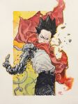  1boy akira_(manga) belt belt_buckle black_belt black_eyes black_hair black_pants buckle cape commentary covered_mouth cropped_legs debris dike_ruan english_commentary highres looking_to_the_side male_focus mechanical_arms pants red_cape shima_tetsuo shirt shirt_tucked_in short_hair sideways_glance signature single_mechanical_arm solo spiked_hair torn_clothes torn_sleeves v-shaped_eyebrows white_shirt wire 