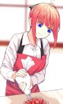 1girl apron baking bangs blue_eyes blurry blurry_background butterfly_hair_ornament cake closed_mouth commentary_request eyebrows_visible_through_hair food fruit go-toubun_no_hanayome gob_susukida hair_ornament highres long_sleeves nakano_nino pink_hair red_apron red_hair shirt short_hair simple_background smile strawberry white_shirt 