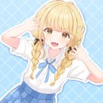  1girl argyle_background blonde_hair blue_background blue_ribbon blue_skirt blush braid claw_pose commentary_request dutch_angle fang fujita_kotone gakuen_idolmaster hatsuboshi_gakuen_school_uniform highres idolmaster kemuri0903 long_hair looking_at_viewer neck_ribbon outline pleated_skirt ribbon school_uniform shirt shirt_tucked_in short_sleeves skin_fang skirt smile solo twin_braids white_outline white_shirt yellow_eyes 