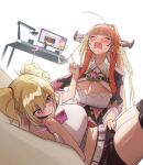  2girls absurdres ahoge asacoco bangs blonde_hair blush breasts cleavage closed_eyes coco_kaine commentary crop_top dragon_girl dragon_horns english_commentary eyebrows_visible_through_hair fang fangs highres holding holding_phone hololive horns kiryuu_coco large_breasts long_hair long_pointy_ears lying meme microphone middle_finger midriff monitor multicolored_hair multiple_girls navel open_mouth orange_hair phone pointer pointy_ears purple_eyes skin_fang skindentation streaked_hair tearing_up thick_thighs thighhighs thighs twintails usada_pekora v-shaped_eyebrows virtual_youtuber xiaoju_xiaojie 