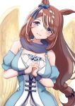  1girl absurdres angel_wings animal_ears bare_shoulders becherry blue_dress blue_eyes blue_scarf blue_wrist_cuffs blush bow braid breasts brown_hair cleavage closed_mouth dress ear_bow ear_ribbon hair_between_eyes highres horse_ears horse_girl interlocked_fingers large_breasts long_hair looking_at_viewer multicolored_hair scarf smile solo streaked_hair super_creek_(murmuring_stream)_(umamusume) super_creek_(umamusume) umamusume very_long_hair white_hair wings wrist_cuffs 