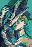  1boy absurdres aqua_background aqua_hair aqua_theme argyle_clothes argyle_sweater claws closed_mouth commentary commentary_request diego_brando dinosaur_skull expressionless fingernails green_eyes hair_between_eyes highres holding holding_skull jojo_no_kimyou_na_bouken limited_palette looking_at_viewer makeup male_focus medium_hair monochrome muted_colors one_eye_covered sharp_fingernails sharp_teeth simple_background skull solo steel_ball_run sweater teeth turtleneck turtleneck_sweater twitter_username upper_body zaregoto8828 
