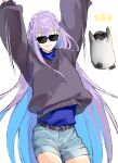  1girl arms_up bangs belt bird blue_eyes blue_ribbon blue_shirt blue_shorts braid breasts coffeekite contemporary fate/extra fate/extra_ccc fate_(series) french_braid grey_sweater hair_ribbon highres long_hair long_sleeves looking_at_viewer meltryllis_(fate) penguin purple_hair ribbon shirt shorts small_breasts smile sunglasses sweater thighs very_long_hair 
