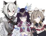  3girls animal_ears arlecchino_(genshin_impact) bare_shoulders black_bow black_collar black_hair black_sleeves blue_eyes bonnet bow bowtie brown_hair cat_ears cat_tail closed_eyes closed_mouth collar columbina_(genshin_impact) detached_collar detached_sleeves dress eye_mask gelinzzz genshin_impact hair_bow hair_ornament hair_ribbon headdress highres long_hair long_sleeves mask multicolored_hair multiple_girls purple_hair ribbon sandrone_(genshin_impact) short_hair_with_long_locks simple_background smile streaked_hair tail two-tone_hair upper_body very_long_hair white_background white_bow white_dress white_hair white_wings wings yuri 