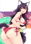  1girl :d amane_hasuhito animal_ear_fluff animal_ears ass bangs bare_shoulders bikini black_hair blush breasts fang from_behind hair_between_eyes highres hololive hololive_gamers innertube long_hair looking_at_viewer looking_back multicolored_hair non-web_source ookami_mio open_mouth red_bikini side-tie_bikini sideboob sidelocks skin_fang smile solo streaked_hair swimsuit tail thighs thong underboob very_long_hair virtual_youtuber wolf_ears wolf_girl wolf_tail yellow_eyes 