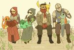  2boys 2girls armor book boots bulbasaur charmander crossover crusader_(darkest_dungeon) darkest_dungeon full_armor gen_1_pokemon helmet highres highwayman_(darkest_dungeon) hood lizard_taro mask multiple_boys multiple_girls pants parody pikachu plague_doctor_(darkest_dungeon) plague_doctor_mask plant pokemon pokemon_(creature) scarf short_hair sitting squirtle starter_pokemon starter_pokemon_trio tabard vestal_(darkest_dungeon) vines wall weapon 