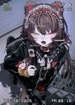  1girl alternate_costume animal_ears backpack bag black_jacket black_nails black_pants blush brown_hair choker commentary dated dog_ears dog_girl ear_piercing fangs foreshortening hair_between_eyes hair_ornament hairclip headdress heterochromia highres inui_toko jacket long_hair long_sleeves looking_at_viewer nijisanji on_stairs open_mouth pants piercing punk red_choker smile stairs standing torn_clothes torn_pants twintails untranslatable_commentary virtual_youtuber xdoxa89 
