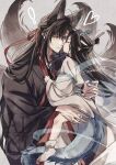  ! 2boys absurdres aged_down ahoge animal_ears black_hair black_hanfu blue_shawl blush boots carrying carrying_person child chinese_clothes closed_eyes closed_mouth commentary dragon_boy dragon_horns dragon_tail eastern_dragon_horns eastern_dragon_tail fox_boy fox_ears fox_tail grandmaster_of_demonic_cultivation grey_background grey_eyes hair_down hair_ribbon half_updo hanfu headband heart highres holding holding_ribbon horns imminent_kiss implied_yaoi kemonomimi_mode kitsune kyuubi lan_wangji long_hair long_sleeves looking_at_another male_focus multiple_boys multiple_tails official_alternate_hairstyle red_ribbon ribbon robe semiusa1010 shawl sidelocks tail topknot twitter_username watermark wei_wuxian wei_wuxian_(yiling_laozu) white_boots white_hanfu white_headband wide_sleeves xiao_guan_(headdress) yaoi 