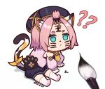  1girl ? animal_ear_fluff animal_ears bangs_pinned_back beret blue_shorts cat_ears cat_girl cat_tail detached_sleeves diona_(genshin_impact) drawing_on_another's_face forehead genshin_impact green_eyes hat ldd.ek multicolored_tail paintbrush paw_print paw_socks pink_hair puffy_detached_sleeves puffy_shorts puffy_sleeves shorts tail thick_eyebrows twitter_username 