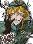  1boy aqua_bow aqua_helmet aqua_sweater argyle_clothes argyle_sweater bandaid bandaid_on_cheek bandaid_on_face black_gloves blonde_hair blue_eyes bow character_name commentary cracked_skin diego_brando english_commentary english_text eyeball finger_in_own_mouth gloves hair_between_eyes hat hat_bow helmet highres jojo_no_kimyou_na_bouken looking_at_viewer male_focus medium_hair no7_banchi sharp_teeth shirt solo steel_ball_run sweater teeth turtleneck turtleneck_sweater twitter_username 