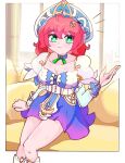  1girl absurdres aqua_arm_warmers arm_warmers blue_skirt blush boots breasts cleavage green_eyes hat highres hoshinokotta large_breasts lisette_(stella_glow) miniskirt orange_hair puffy_short_sleeves puffy_sleeves short_hair short_sleeves skirt smile solo stella_glow 
