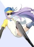  1girl absurdres bangs baseball_cap blue_eyes blue_ribbon breasts coffeekite fate/extra fate/extra_ccc fate_(series) hair_ribbon hat highres layered_clothing long_hair long_sleeves looking_at_viewer meltryllis_(fate) prosthesis prosthetic_leg purple_hair raglan_sleeves ribbon short_sleeves sleeves_past_fingers sleeves_past_wrists small_breasts smile sunglasses very_long_hair 