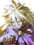  1boy alien_888 antenna_hair black_headband blonde_hair cloak closed_eyes facial_mark facing_to_the_side grin hair_between_eyes hand_up headband highres long_hair male_focus purple_cloak purple_tunic smile spiked_hair tunic upper_body white_background wind yu-gi-oh! yu-gi-oh!_go_rush!! zuwijo_zir_velgear 