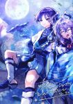  2boys ahoge anemo_symbol_(genshin_impact) armor arms_at_sides belt black_belt black_bodysuit black_bow black_bridal_gauntlets black_coat black_horns black_sandals black_shorts blue_cape blue_gem blue_kimono blue_sleeves blunt_ends bodysuit borrowed_clothes bow bridal_gauntlets bright_pupils cape chest_jewel choppy_bangs closed_eyes closed_mouth clothing_cutout coat collared_coat colored_eyelashes contrast_collar curtained_hair dragon_boy dragon_horns drooling durin_(genshin_impact) eyeliner feathers full_moon gem genshin_impact gold gurumin_(gurruguru) hair_intakes hakama hakama_shorts hip_vent horns japanese_armor japanese_clothes juban kimono kote kurokote layered_sleeves leg_warmers looking_to_the_side makeup mandarin_collar moon mouth_drool multiple_boys night open_clothes open_kimono open_mouth outdoors pants pleated_shorts pom_pom_(clothes) purple_eyes purple_hair purple_rope purple_sash purple_sky red_eyeliner red_gem rope sandals sash scaramouche_(genshin_impact) short_sleeves shorts shoulder_peek sitting sitting_on_branch sky sleeping smile stirrup_legwear tassel toeless_legwear twitter_username vision_(genshin_impact) wanderer_(genshin_impact) watermark white_kimono white_leg_warmers white_pants white_pupils white_sleeves white_trim yellow_feathers zouri 