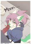  anthro bathroom blush clothing digital_media_(artwork) duo erection eyebrow_through_hair eyebrows fur genitals girly glory_hole green_body green_ears green_eyes green_fur green_inner_ear green_nose hair hi_res hoodie humanoid_genitalia humanoid_penis kneeling licking male oral penile penis penis_lick pink_hair ponytail public_restroom restroom_stall sex strawberrypunchz throbbing tongue tongue_out topwear translucent translucent_hair vein veiny_penis white_body white_fur 