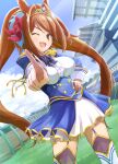  1girl aiguillette animal_ears black_thighhighs blue_bow blue_jacket blue_skirt blush bow breasts brown_hair center_frills commentary daiwa_scarlet_(peak_blue)_(umamusume) daiwa_scarlet_(umamusume) epaulettes fang frills garter_straps hair_intakes hand_on_own_hip highres horse_ears horse_girl jacket juliet_sleeves karajio large_breasts layered_legwear layered_skirt long_hair long_sleeves looking_at_viewer one_eye_closed open_mouth outdoors puffy_sleeves red_eyes shirt skin_fang skirt smile solo thighhighs tiara twintails umamusume very_long_hair white_shirt white_skirt white_thighhighs 