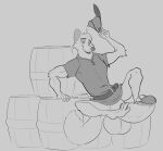 4_toes 5_fingers anthro autofootjob balls barrel belt big_balls big_penis biped bottomless bottomless_anthro bottomless_male bycocket canid canine claws clothed clothed_anthro clothed_male clothing digital_drawing_(artwork) digital_media_(artwork) disney erection eyebrows feet fingers foot_fetish foot_play foreskin fox fur genitals glans grey_background greyscale hat hat_feather headgear headwear hewge hi_res holding_clothing holding_hat holding_headgear holding_headwear holding_object huge_balls huge_penis humanoid_genitalia humanoid_hands humanoid_penis looking_at_genitalia looking_at_own_penis looking_at_penis looking_at_self looking_down looking_down_at_self loose_feather male male_anthro mammal masturbation monochrome narrowed_eyes open_mouth open_smile penile penile_masturbation penis retracted_foreskin robin_hood robin_hood_(disney) shaft_divide shirt simple_background sitting sketch smile solo tail toe_claws toes topwear tunic whisker_spots