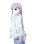  1girl bangs blue_eyes breasts coffeekite contemporary denim fate/extra fate/extra_ccc fate_(series) hairband hands_in_pockets highres hood hooded_sweater jeans long_hair long_sleeves looking_to_the_side meltryllis_(fate) pants purple_hair small_breasts sweater very_long_hair white_sweater 