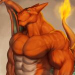  1:1 2020 abs anthro big_muscles charizard fire grey_background hi_res horn male mtfoxx muscular muscular_anthro muscular_male nintendo pecs pok&eacute;mon pok&eacute;mon_(species) simple_background smile solo video_games wings 