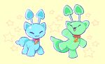  :3 :d ^_^ aisha_(neopets) animal_focus antennae arm_up candalpop closed_eyes collar commentary creature creature_focus highres initial neopet_(creature) neopets no_humans rearing red_collar simple_background smile star_(symbol) yellow_background 