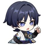  1boy anemo_symbol_(genshin_impact) arm_at_side armor belt black_belt black_bodysuit black_bow black_bridal_gauntlets blue_gem blue_kimono blue_sleeves blunt_ends bodysuit bow bridal_gauntlets bright_pupils chibi chibi_only choppy_bangs eyeliner feathers furisode gem genshin_impact gold hair_intakes hand_up japanese_armor japanese_clothes juban kimono kote kurokote layered_sleeves makeup male_focus mandarin_collar middle_ring open_clothes open_kimono open_mouth pom_pom_(clothes) purple_eyes purple_rope purple_sash red_eyeliner ren_hasu rope sash scaramouche_(genshin_impact) short_sleeves solo teeth tsurime upper_body upper_teeth_only wanderer_(genshin_impact) white_background white_kimono white_pupils white_sleeves yellow_feathers 