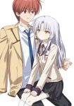  1boy 1girl angel_beats! black_pants black_skirt blue_necktie blush clenched_hands closed_mouth collared_shirt commentary_request dress_shirt expressionless eyes_visible_through_hair feet_out_of_frame grey_hair hair_between_eyes hands_on_own_legs highres jacket kneehighs korean_commentary long_hair looking_at_another miniskirt neck_ribbon necktie open_clothes open_jacket orange_hair otonashi_yuzuru pants parted_bangs pleated_skirt ponytail red_eyes ribbon saang2cm shinda_sekai_sensen_uniform shirt short_hair short_ponytail sidelocks simple_background sitting sitting_on_lap sitting_on_person skirt sleeves_past_wrists smile socks straight_hair sweatdrop tachibana_kanade tsurime white_background white_shirt white_socks yellow_jacket yellow_ribbon 