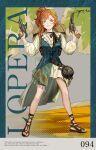  1girl blue_vest border brown_hat brown_sandals character_name crucible dual_wielding english_text fragrance_(freakyduck9000) full_body green_border green_hairband grey_background grin gun hairband hands_up hat hat_on_back highres holding holding_gun holding_weapon holster legs_apart long_hair looking_at_viewer lopera_(reverse:1999) miniskirt orange_eyes orange_hair plant reverse:1999 revolver safety_pin sandals shirt shoulder_holster side_ponytail signature skirt smile solo standing straw_hat trigger_discipline vest weapon white_shirt white_skirt 