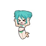  >_< 1girl :d aqua_hair aqua_nails barefoot bikini black_outline blush chibi chibi_only clenched_hands full_body game_asset green_bikini hair_between_eyes hands_up hatsune_miku hatsune_miku_graphy_collection jumping layered_bikini navel open_mouth outline pink_bikini smile solo stomach swimsuit transparent_background v-shaped_eyebrows vocaloid white_bikini 
